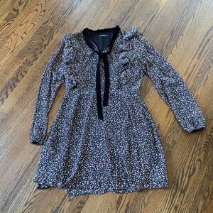 Shein Black Ditsy Floral Long Sheer Sleeves Midi‎ Dress Size L Prairie Cottage